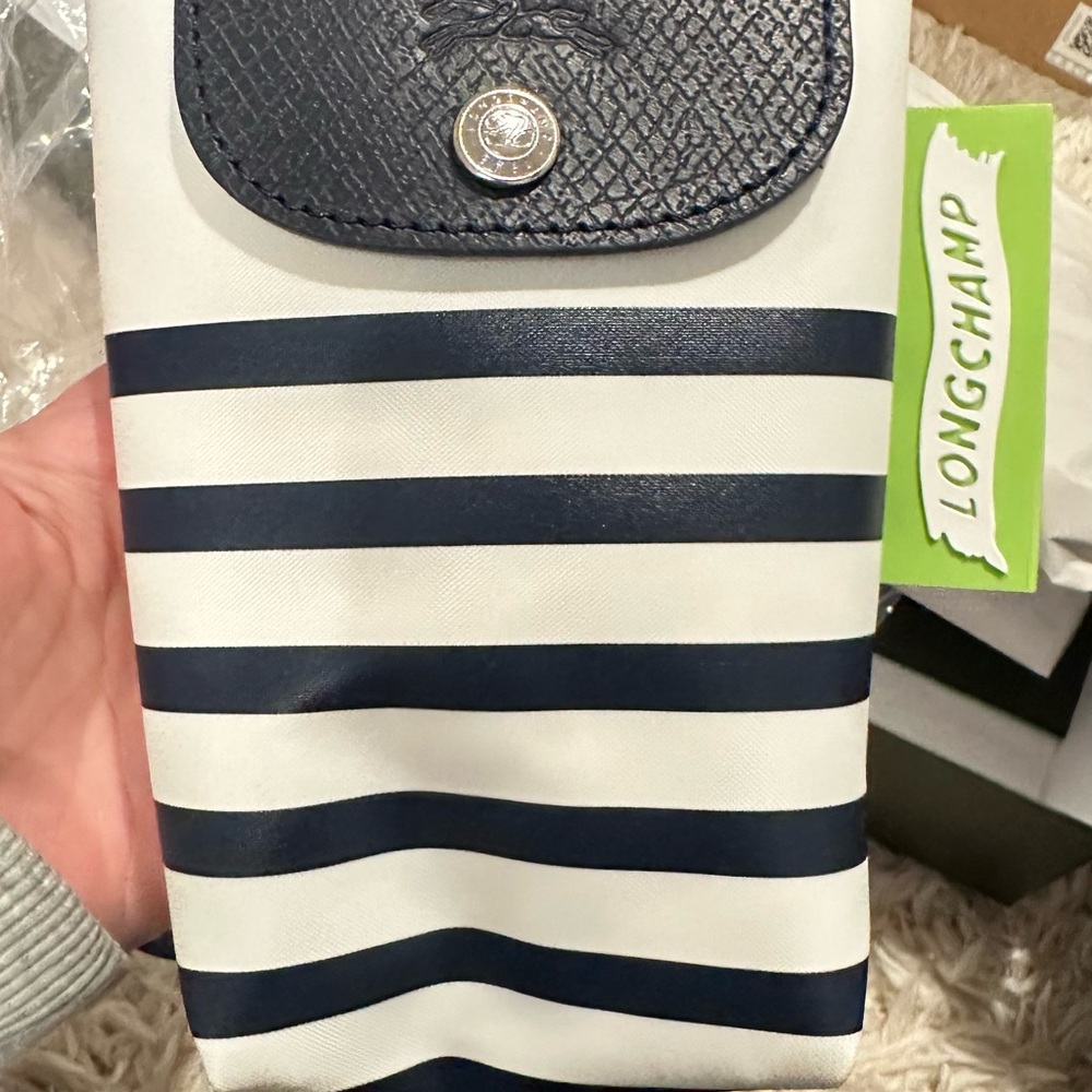 Longchamp Navy and White Striped Phone Pouch